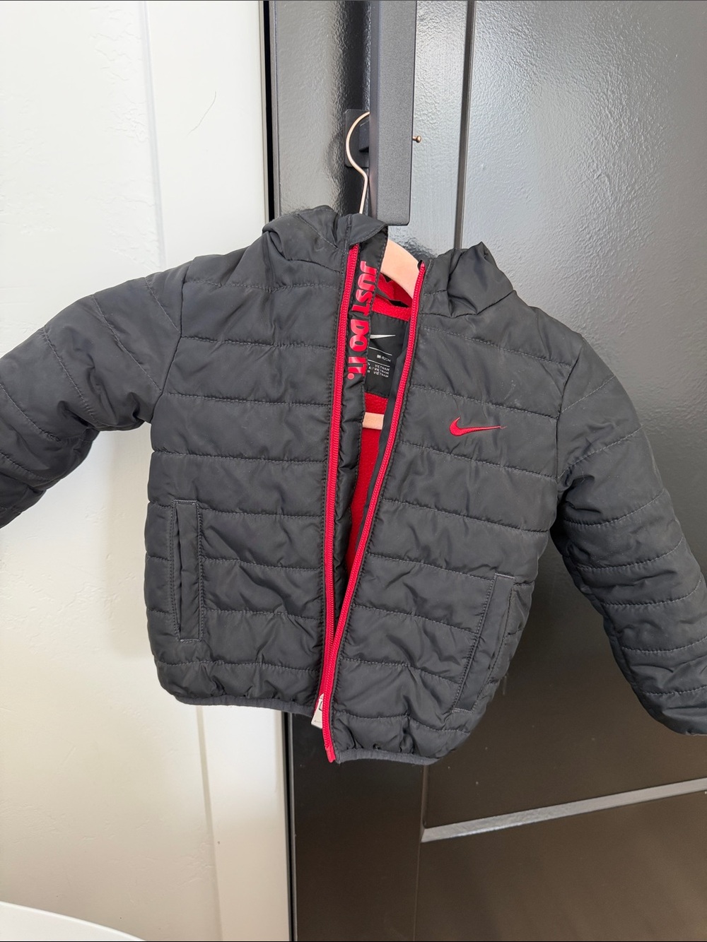 Nike Kids Gray Puffer Jacket with Red Lining & Hood